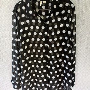 CATO Womens Long Sleeve Button Up Blouse Polka Dot Sz Large Black and White A13